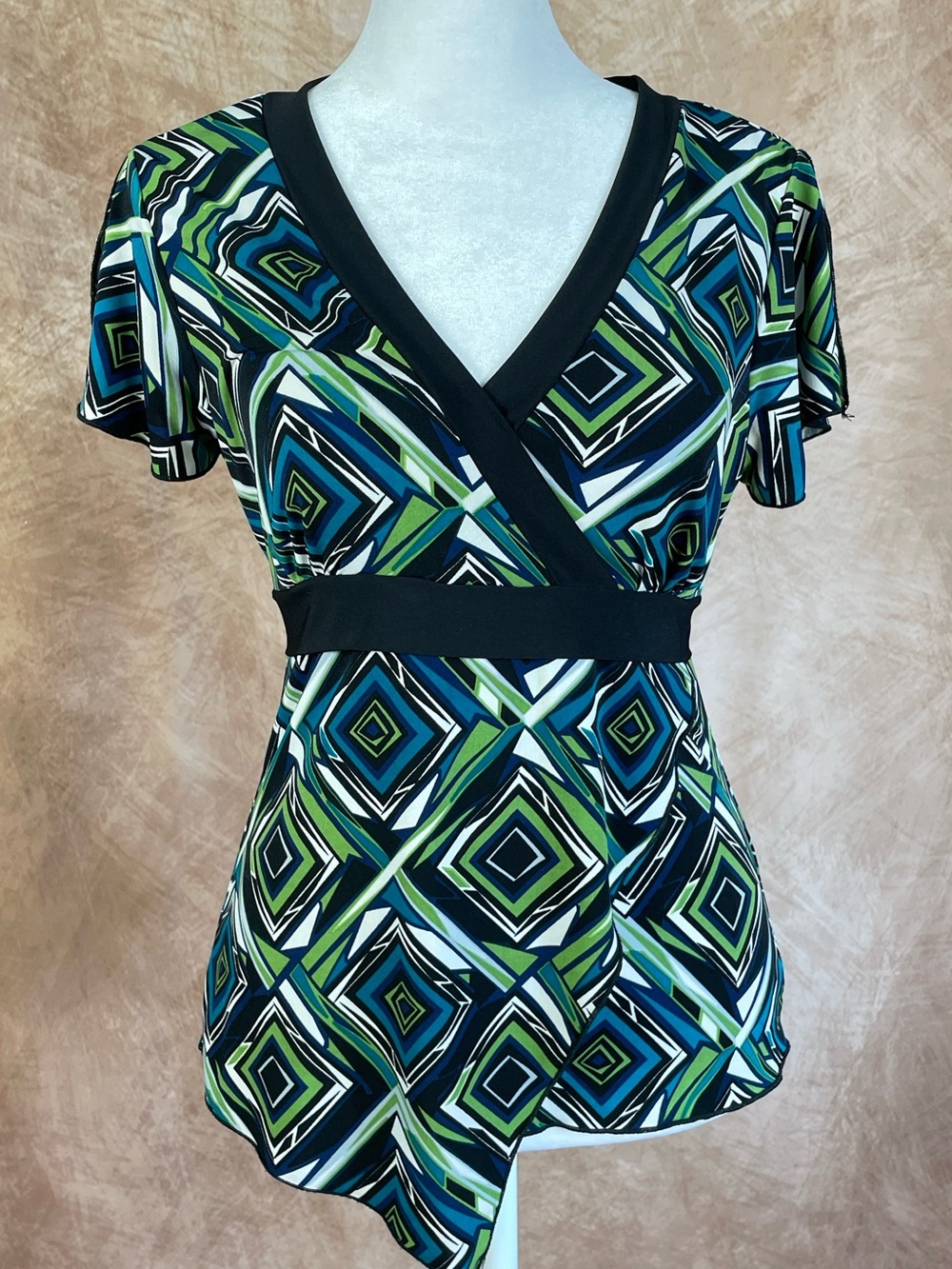 Geometric Wrap Tunic Top in Blue & Green with Black Trim Size Medium
